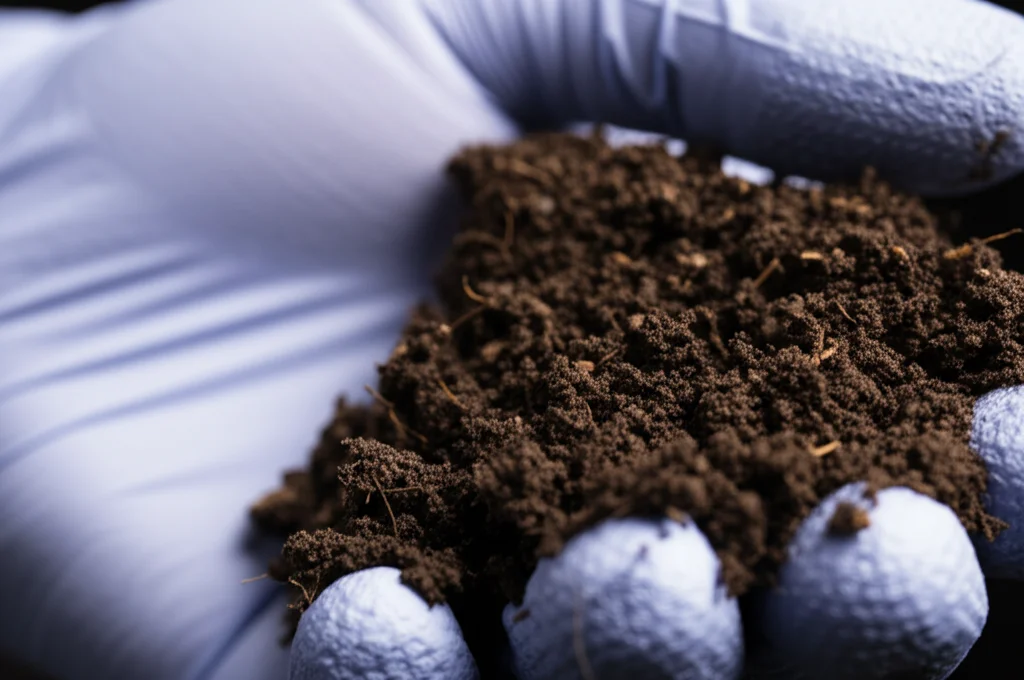 Primo piano macro di un campione di suolo scuro e ricco di materia organica (SOM) tenuto in una mano guantata, obiettivo macro 100mm, alta definizione della struttura granulare e dei piccoli frammenti vegetali, illuminazione laterale morbida per evidenziare la texture.