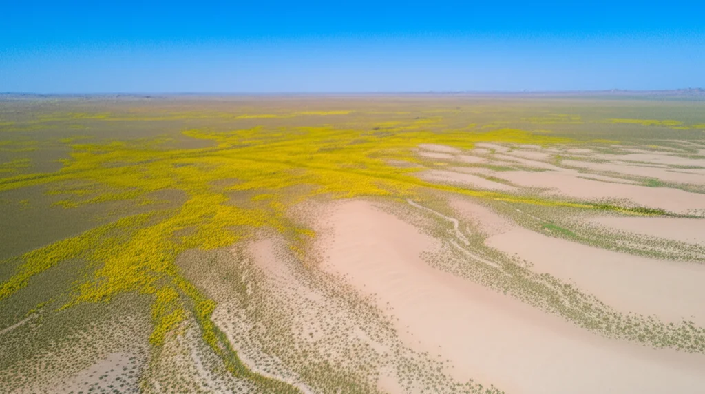 Fotografia aerea, stile drone, della steppa desertica della Mongolia Interna, che mostra chiaramente il contrasto tra aree con vegetazione più alta e densa (verde/giallo) e aree erose con suolo esposto (marrone chiaro). Obiettivo zoom 50mm, luce diurna brillante, alta risoluzione per distinguere i dettagli del terreno.