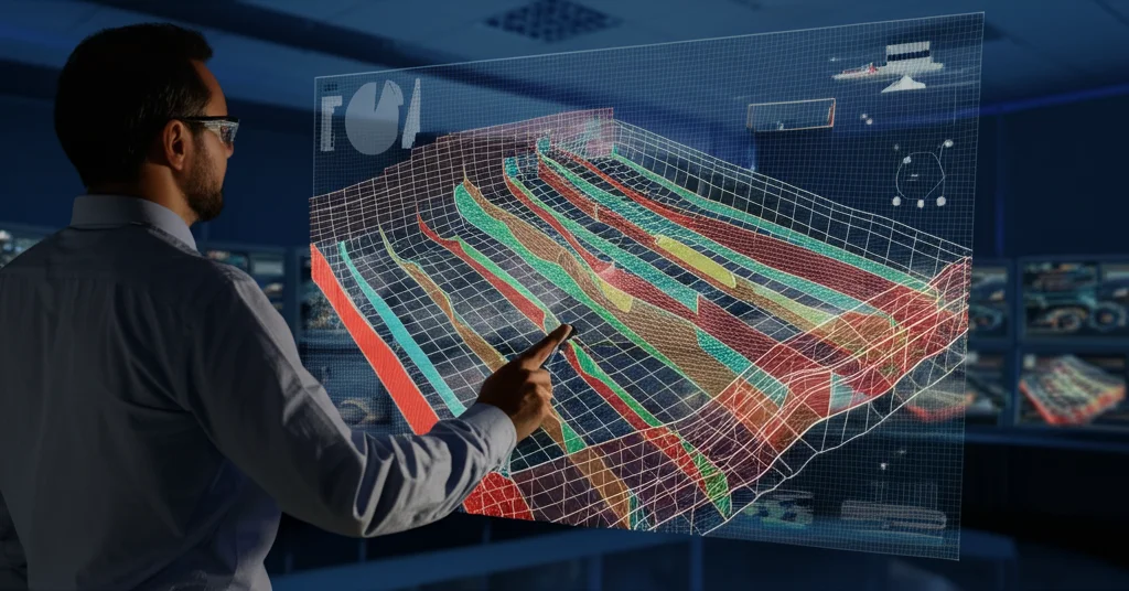 Un ingegnere petrolifero che osserva un grande schermo olografico che mostra una simulazione dinamica di un giacimento, con i canali di filtrazione dominanti evidenziati in rosso. Scatto grandangolare 24mm, ambiente di un centro di controllo high-tech, luce ambientale soffusa con enfasi sullo schermo.