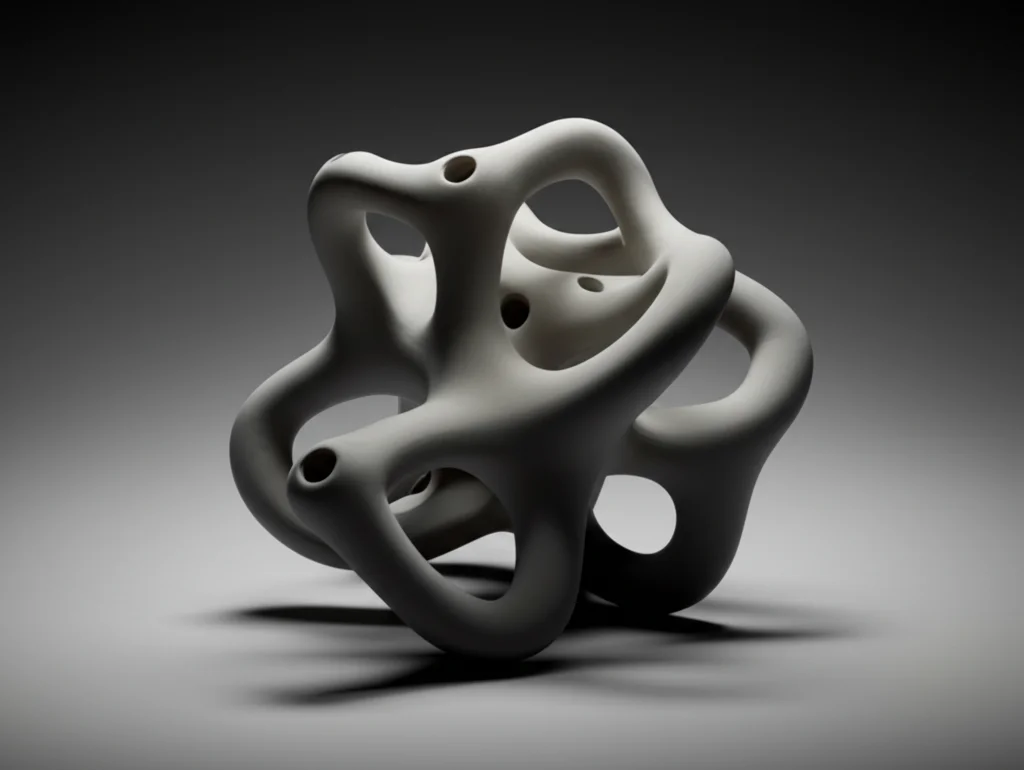 Fotografia in stile still life di un modello 3D complesso rappresentante una varietà con 'buchi' topologici (manici toroidali), illuminato con luce controllata per evidenziare la forma, obiettivo macro 90mm, alta definizione, messa a fuoco precisa sulla struttura topologica.