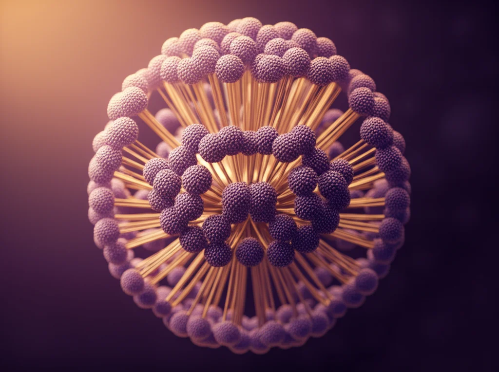 Illustrazione concettuale di un fibrato geometrico su una base toroidale, con fibre sferiche che emergono dai punti del toro. Stile fotorealistico astratto, obiettivo prime 35mm, profondità di campo che sfoca lo sfondo per concentrarsi sulla struttura del fibrato, duotone viola e oro.