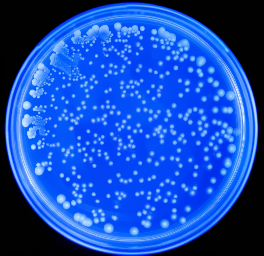 Fotografia macro con obiettivo da 100mm di una piastra di Petri illuminata da luce UV-LED bluastra, che mostra colonie batteriche inattivare. Illuminazione controllata da laboratorio, alta definizione, messa a fuoco precisa sulle colonie.