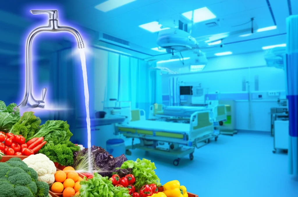 Paesaggio grandangolare, obiettivo 15mm, che illustra diverse applicazioni della disinfezione UV: acqua pulita che scorre da un rubinetto con un sottile bagliore UV stilizzato, frutta e verdura fresca in un ambiente pulito tipo mercato con luce UV ambientale, una stanza d'ospedale moderna e igienizzata. Messa a fuoco nitida, luce ambientale brillante.