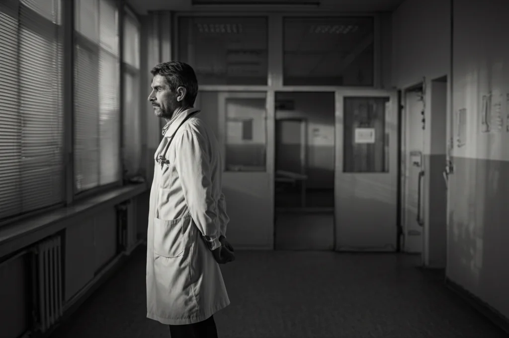 Un medico solitario in uno studio ospedaliero vuoto in un'area periferica, luce naturale soffusa che entra dalla finestra, prime lens 35mm, atmosfera riflessiva e leggermente malinconica, bianco e nero.
