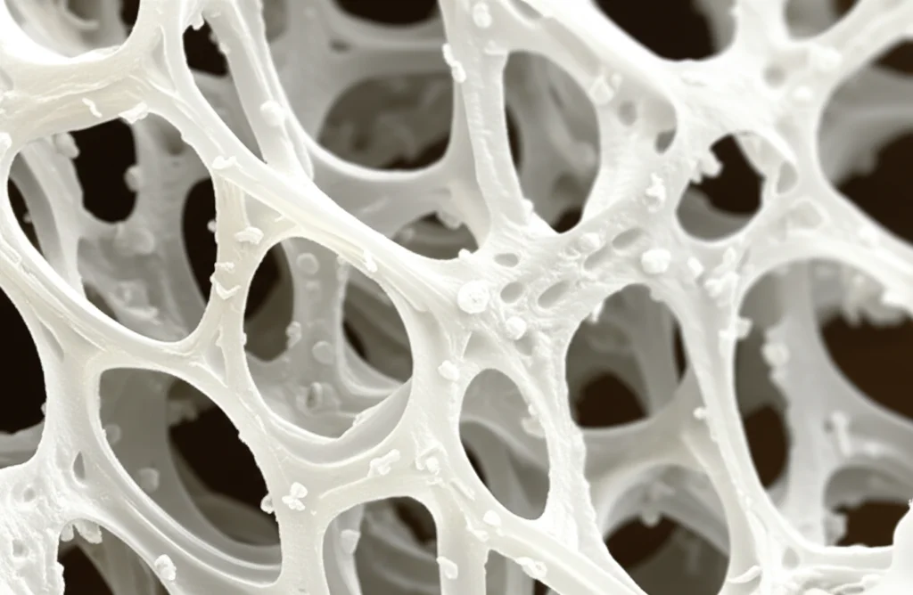 Immagine macro ad alta definizione di una sezione di scaffold osseo basato su Voronoi, realizzato in materiale biocompatibile bianco. L'immagine, scattata con un obiettivo macro da 100mm, mostra la complessa rete tridimensionale di trabecole interconnesse con orientamento preferenziale visibile. Illuminazione controllata per evidenziare la texture superficiale e la porosità interna. Messa a fuoco precisa sulla struttura trabecolare.