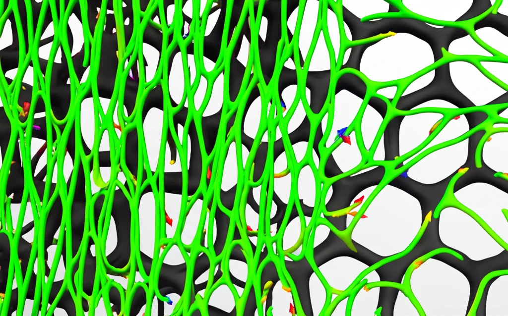 Simulazione fluidodinamica computazionale (CFD) che mostra il flusso di un fluido (nutrienti) attraverso la microstruttura porosa di uno scaffold Voronoi. Linee di flusso colorate indicano la velocità e la direzione del fluido. Obiettivo macro virtuale, 80mm, per visualizzare i dettagli del percorso del fluido all'interno dei pori interconnessi. Illuminazione che simula un ambiente biologico.