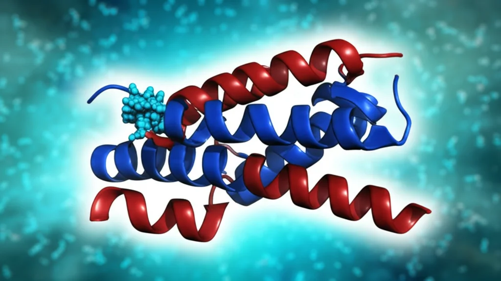 Visualizzazione 3D di un peptide antimicrobico sintetico (peptide 1a) con residui di lisina evidenziati in blu brillante, che mostra una struttura ad alfa-elica. Sfondo astratto che simboleggia l'ambiente acquoso, illuminazione da studio controllata, lente macro 80mm, alta definizione dei dettagli molecolari.