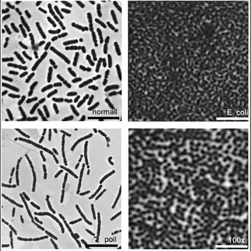 Microscopia a contrasto di fase di cellule di E. coli. Un pannello mostra cellule normali (controllo), un altro pannello mostra cellule trattate con il peptide D-1a-N10 che appaiono danneggiate o lisate. Lente ad alta magnificazione (100x), illuminazione chiara da microscopio, dettagli cellulari nitidi.