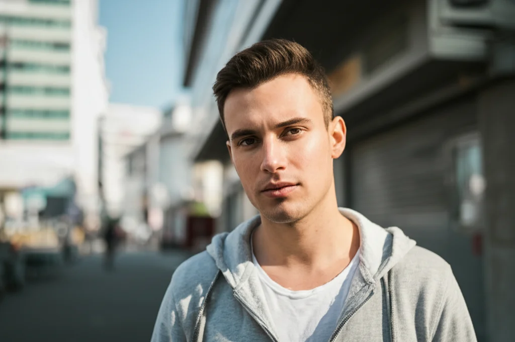 Ritratto di un giovane adulto (circa 25 anni), espressione determinata ma combattuta, in un ambiente urbano moderno, luce naturale filtrata, 35mm portrait, profondità di campo ridotta per isolare il soggetto.