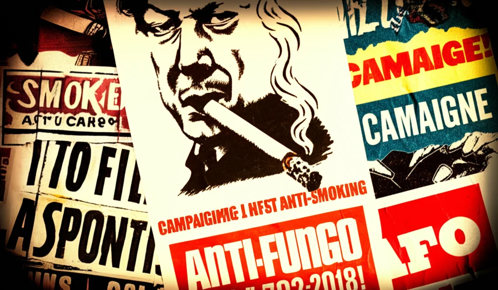Collage dinamico di manifesti di campagne anti-fumo di diverse epoche storiche (anni '70, '90, 2010), texture leggermente vintage, illuminazione drammatica che evidenzia i messaggi chiave, macro lens 80mm per dettagli.