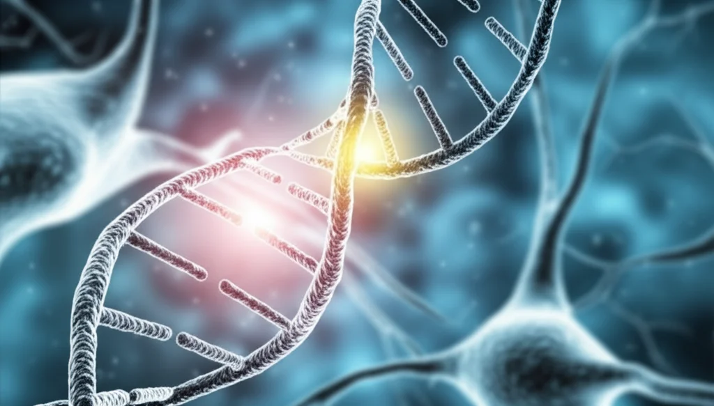 Macro fotografia, 90mm lens, high detail, controlled lighting, che mostra una rappresentazione stilizzata di una doppia elica di DNA con un marcatore SNP specifico (rs56345976) evidenziato, magari leggermente luminoso, su uno sfondo sfocato che suggerisce cellule cerebrali o reti neurali.