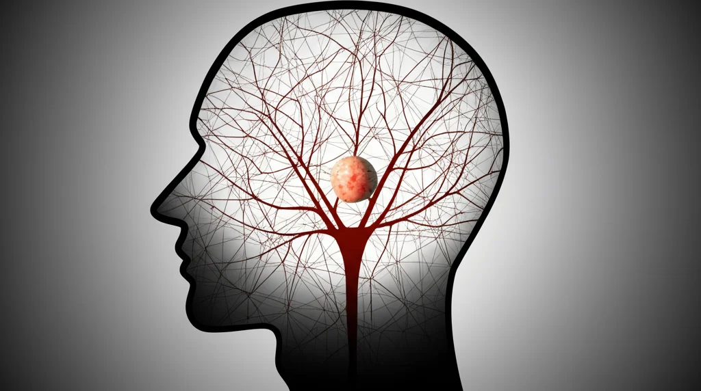 Fotografia wide-angle, 15mm lens, sharp focus, che raffigura una complessa rete astratta simile a percorsi neurali all'interno di una silhouette stilizzata di testa umana, con un'area sottile e più scura che rappresenta un tumore glioma, illuminata da una luce soffusa.