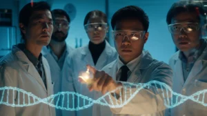 Stile fotografia ritratto, obiettivo prime 35mm, effetto profondità di campo, che mostra un gruppo eterogeneo di scienziati (suggeriti coreani e altri) che osservano attentamente una visualizzazione luminosa di una sequenza di DNA su uno schermo futuristico, rappresentando la scoperta del gene TERT e della variante rs56345976.