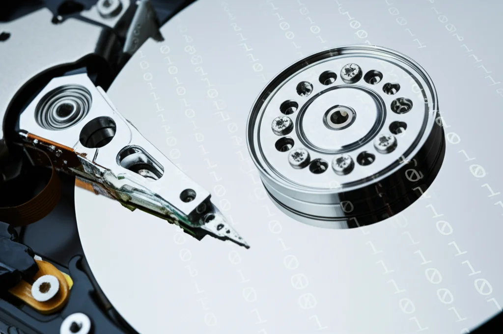 Primo piano macro di un hard disk moderno con linee di codice binarie '0' e '1' sovrapposte digitalmente che sembrano fluire, illuminazione controllata high-tech, alta definizione, obiettivo macro 90mm, focus preciso sui dettagli.