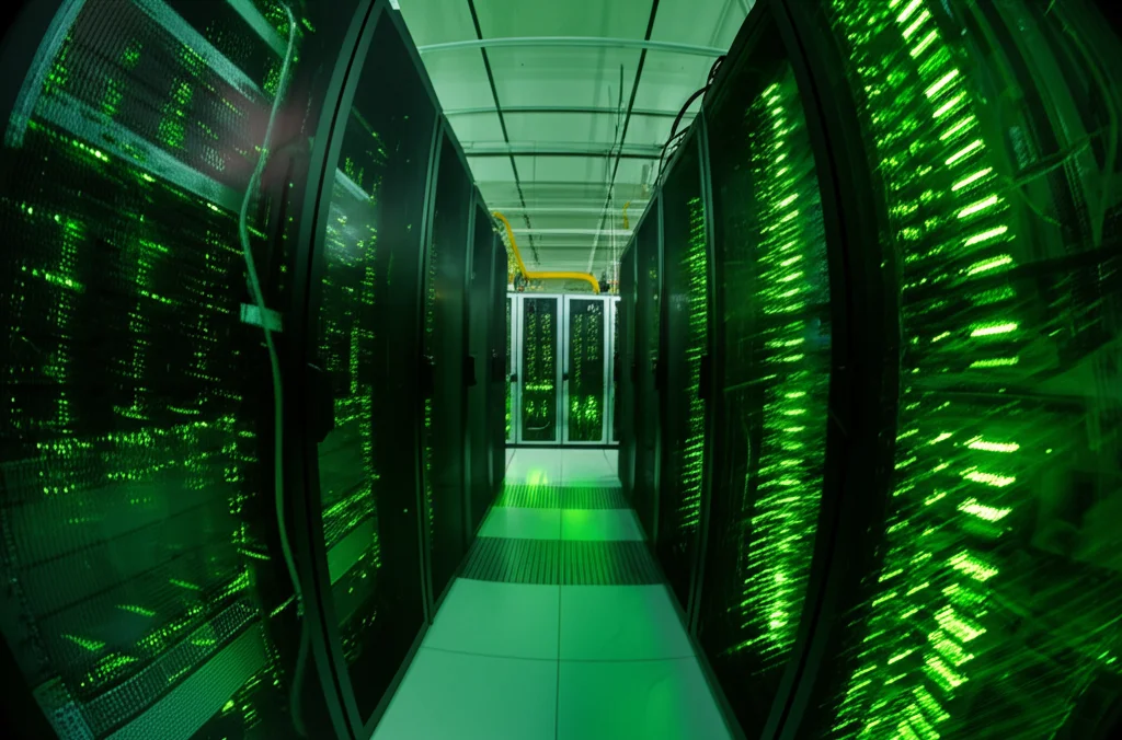 Fotografia di un data center moderno con file di server illuminati da luci LED verdi brillanti, a indicare efficienza energetica, effetto mosso leggero per suggerire attività e flusso di dati, obiettivo grandangolare 18mm, lunga esposizione per creare scie luminose.