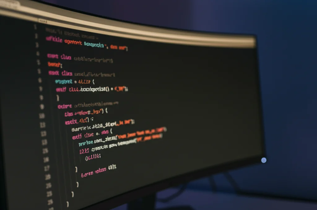 Schermata di codice sorgente C++ su un monitor curvo scuro in un ambiente di sviluppo software, con righe specifiche dell'algoritmo di Horspool evidenziate con colori caldi, profondità di campo ridotta che sfoca lo sfondo, luce ambientale soffusa high-tech, obiettivo prime 50mm.