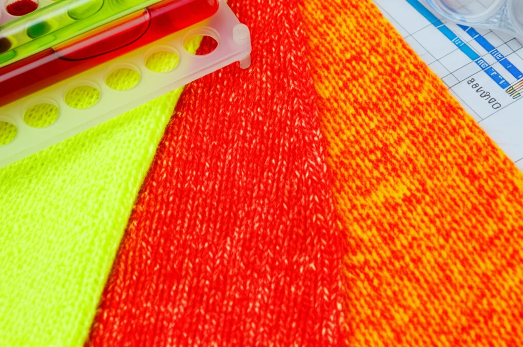 Fotografia still life in laboratorio che mostra diversi campioni di tessuto a maglia (giallo e rosso fluorescente, misto cotone e misto bambù) stesi uno accanto all'altro per confronto visivo. Accanto ci sono provette con soluzioni colorate e un foglio con dati. Obiettivo macro 60mm, illuminazione neutra da laboratorio, messa a fuoco precisa sulle texture dei tessuti.