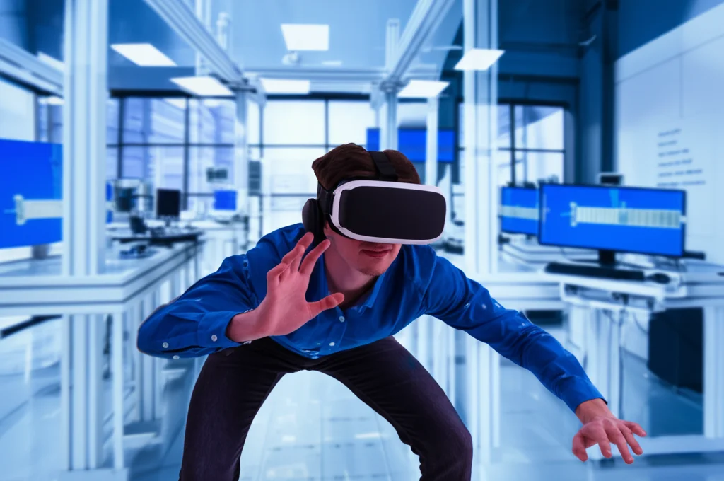 Persona con visore VR in un laboratorio high-tech, intenta a piegarsi in avanti. L'ambiente virtuale mostrato nel visore replica esattamente il laboratorio. Obiettivo 35mm, profondità di campo, illuminazione controllata, focus sulla interazione tra reale e virtuale.