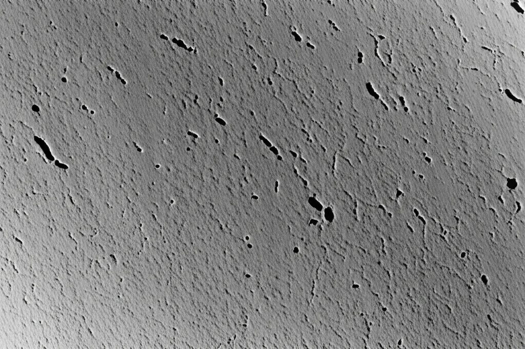 Immagine macro, obiettivo 90mm, di una lastra di prova R-ECC in laboratorio, con microfessure visibili sulla superficie grigia e ruvida. Illuminazione controllata dall'alto che evidenzia la texture del materiale. High detail, precise focusing.