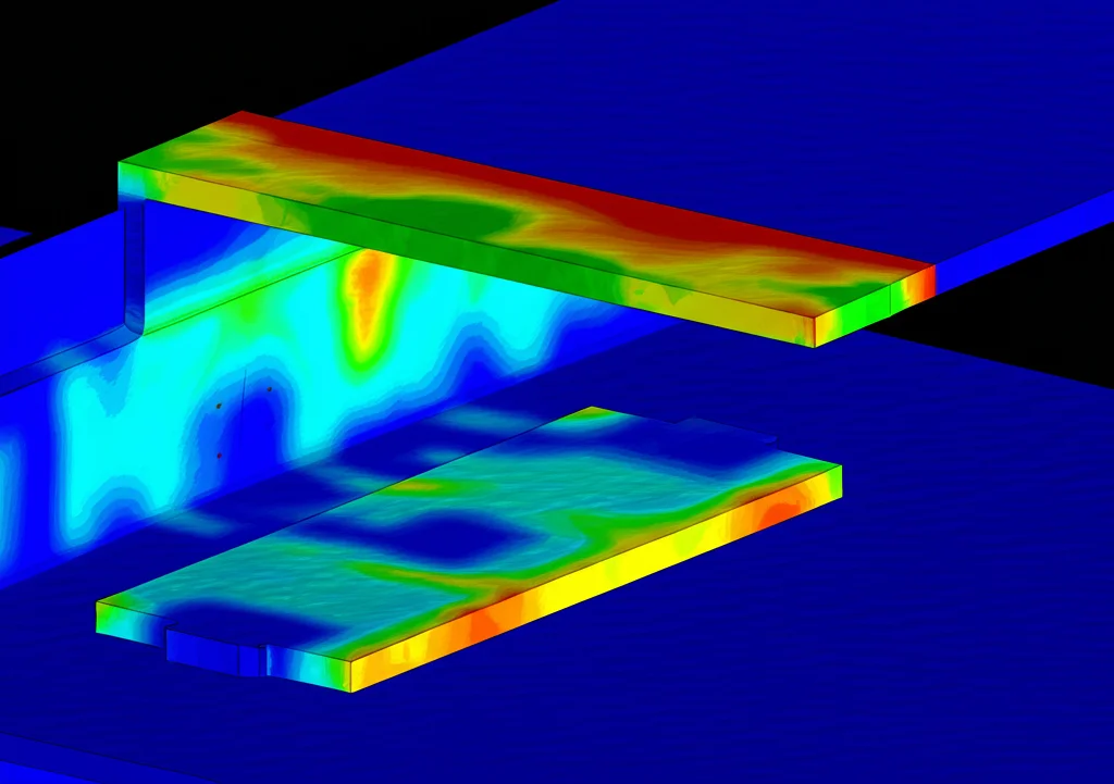 Visualizzazione 3D da software di analisi agli elementi finiti (FEA) che mostra una lastra di collegamento ponte-strada R-ECC. Codici colore indicano la distribuzione delle sollecitazioni sotto carico simulato. Focus nitido, visualizzazione tecnica dettagliata.