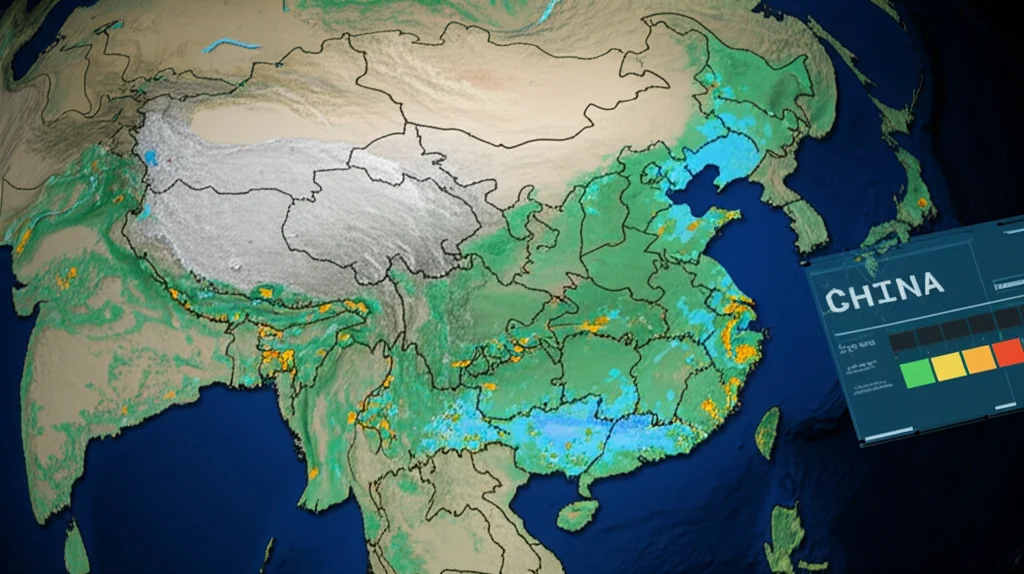 Mappa digitale della Cina continentale visualizzata su uno schermo high-tech, che mostra pattern di precipitazioni previsti con colori diversi per l'intensità, illuminazione controllata da studio, messa a fuoco precisa sui dettagli della mappa e sulla legenda, obiettivo macro 85mm.