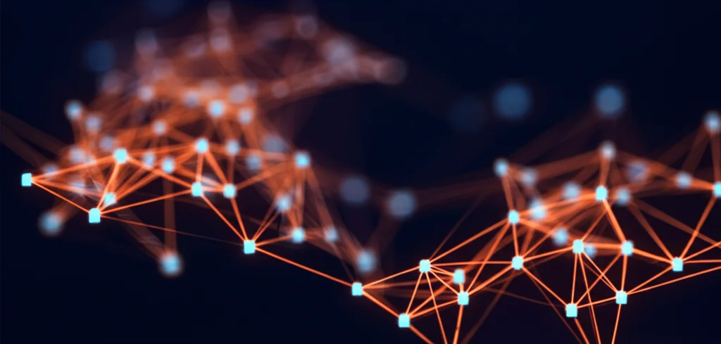 Visualizzazione astratta di un grafo neurale complesso, con nodi luminosi blu e connessioni arancioni su sfondo scuro, che simboleggia l'elaborazione dati dell'intelligenza artificiale per le previsioni meteo, illuminazione high-tech, messa a fuoco nitida sui nodi centrali, obiettivo macro 100mm.