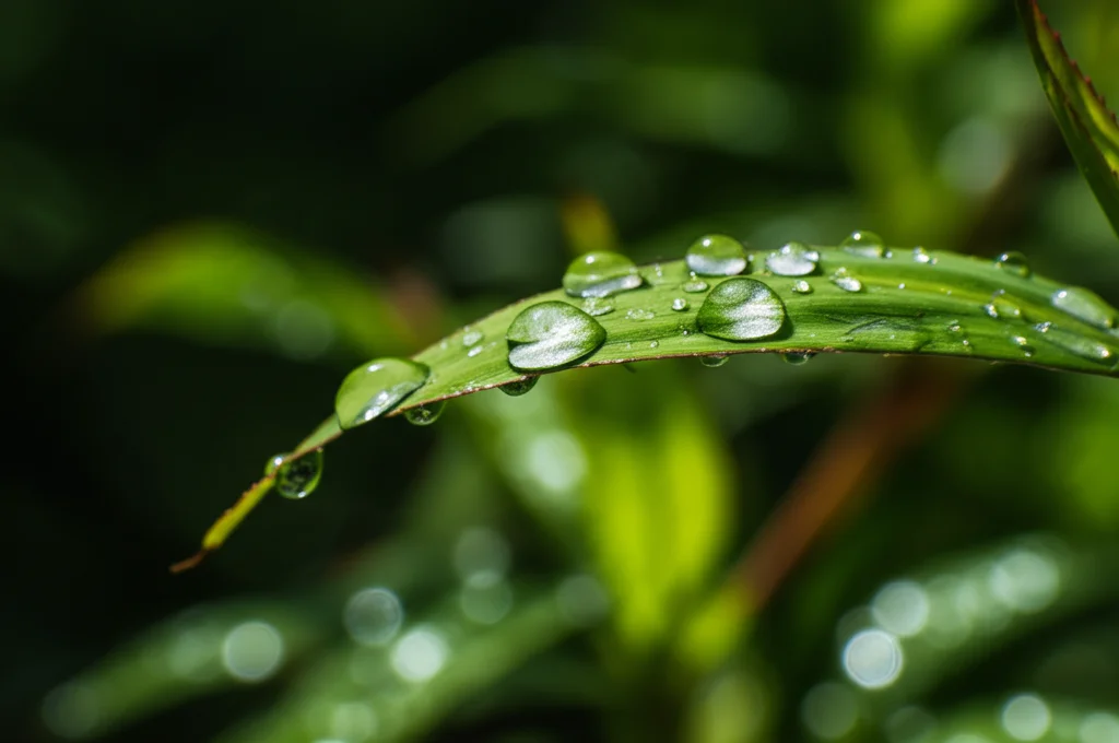 Primo piano di gocce di pioggia che cadono su foglie verdi brillanti in una foresta umida della Cina meridionale, dettagli elevati sulle gocce e sulle venature delle foglie, illuminazione naturale filtrata dalla vegetazione, obiettivo macro 60mm, messa a fuoco precisa su una singola goccia.