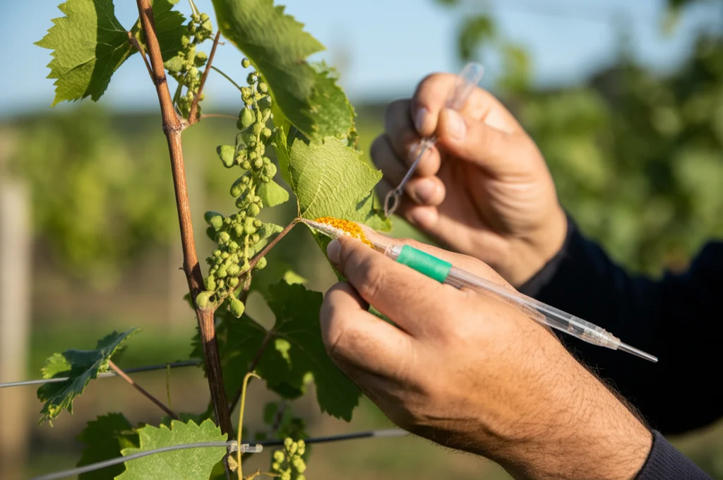 Fotografia di un ricercatore che applica delicatamente polline su un fiore di vite 'Siah-e-Samarghandi' usando un pennellino, vigneto sullo sfondo sfocato, obiettivo prime 50mm, profondità di campo ridotta per isolare l'azione, luce naturale morbida del mattino.