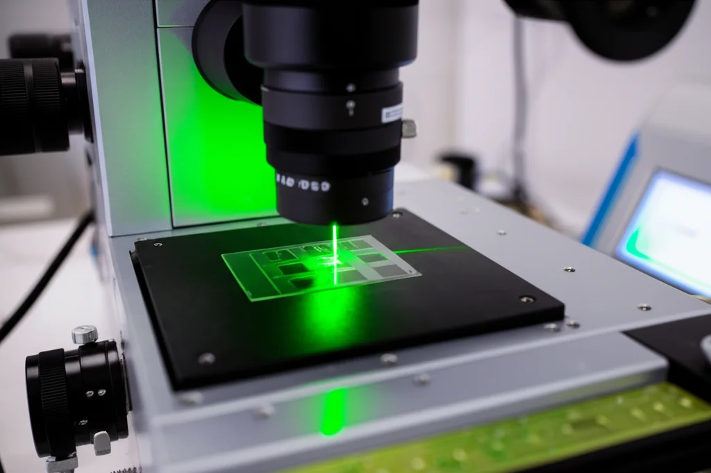 Immagine fotorealistica di uno spettrometro Raman in un laboratorio moderno, con un raggio laser verde focalizzato su una piccola lastrina HPTLC. Obiettivo macro 100mm, alta definizione, illuminazione controllata per evidenziare i dettagli tecnici dello strumento e del campione.