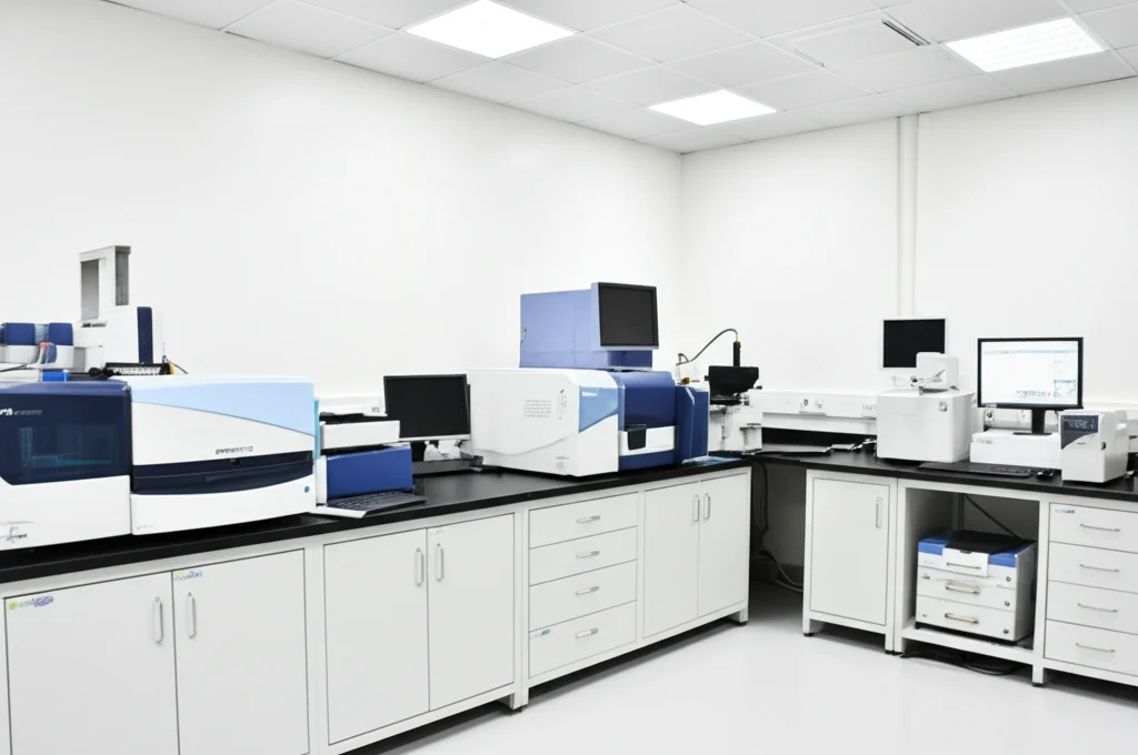 Immagine grandangolare, 20mm, di un moderno laboratorio di chimica analitica, mostrando diverse apparecchiature come HPTLC, spettrometri e computer. Luce ambientale chiara, focus nitido su tutto il campo, atmosfera high-tech e pulita.