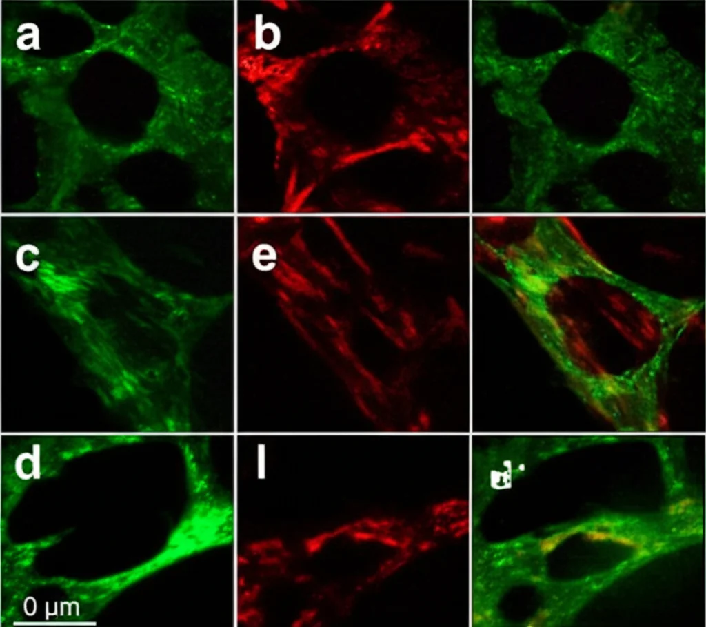 Immagine al microscopio confocale di cellule epiteliali in migrazione, evidenziando in verde i filamenti di actina e in rosso la paxillina nei punti di adesione focale (frecce indicano il bordo avanzante della cellula), alta risoluzione, colorazione fluorescente.