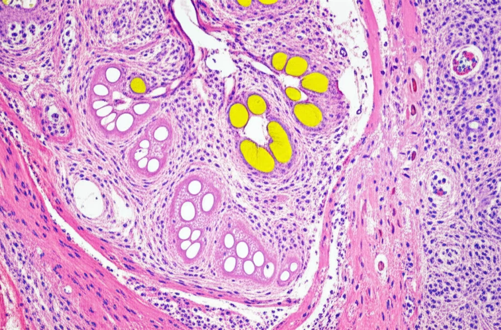 Immagine macro di una sezione di rene umano, illuminazione controllata, alta definizione, 100mm, che mostra visivamente l'infiltrazione di tessuto adiposo giallastro tra le strutture renali normali.