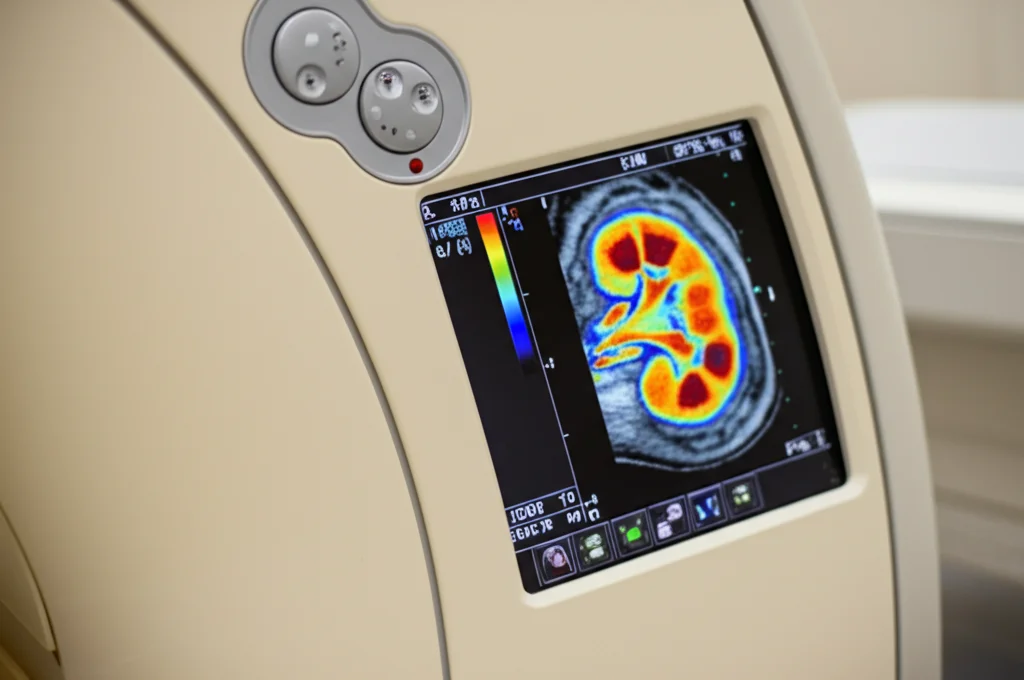 Fotografia di una console di risonanza magnetica con un'immagine RBF (Renal Blood Flow) colorata di un rene sullo schermo, focus nitido sullo schermo, profondità di campo, obiettivo 35mm.
