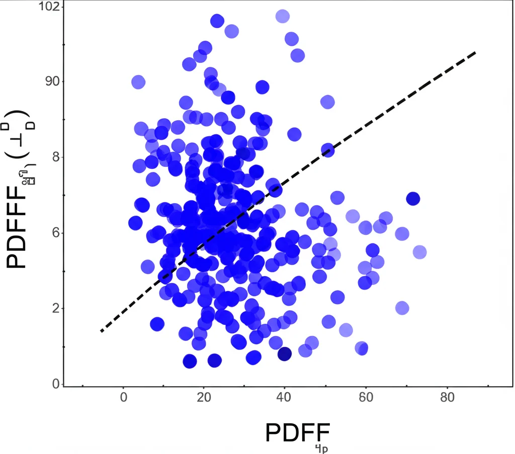 Grafico scientifico stilizzato che mostra una correlazione negativa tra l'aumento del grasso renale (PDFF) e la diminuzione del flusso sanguigno renale (RBF), alta definizione, illuminazione controllata.