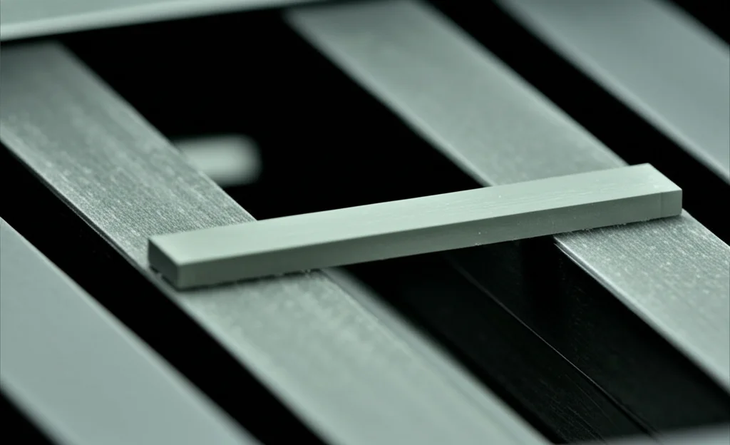 Immagine macro, 60mm, di una trave di test in 4H-SiC montata su un apparato di piegatura a tre punti all'interno di un laboratorio, illuminazione controllata per evidenziare i dettagli del materiale, alta definizione, messa a fuoco precisa sulla trave.