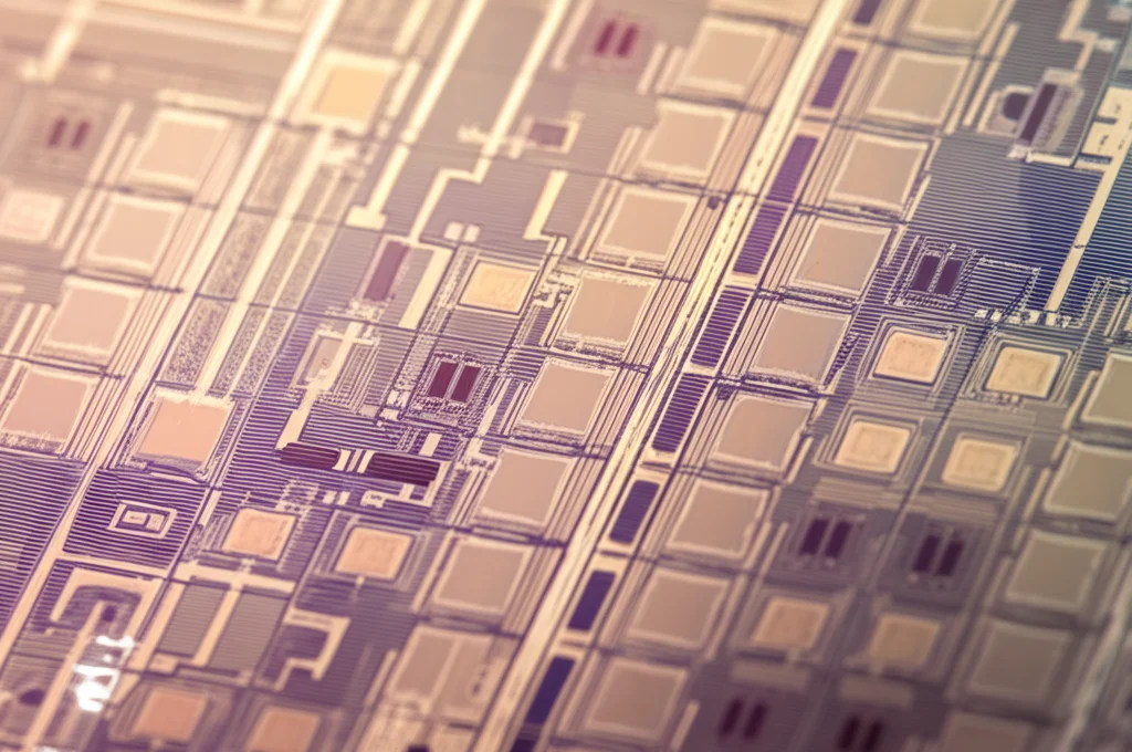 Fotografia macro, 100mm, di un wafer di 4H-SiC con numerosi chip sensore MEMS visibili, pattern intricati e riflessi metallici sotto illuminazione da clean room, alta definizione, messa a fuoco selettiva su alcuni chip.