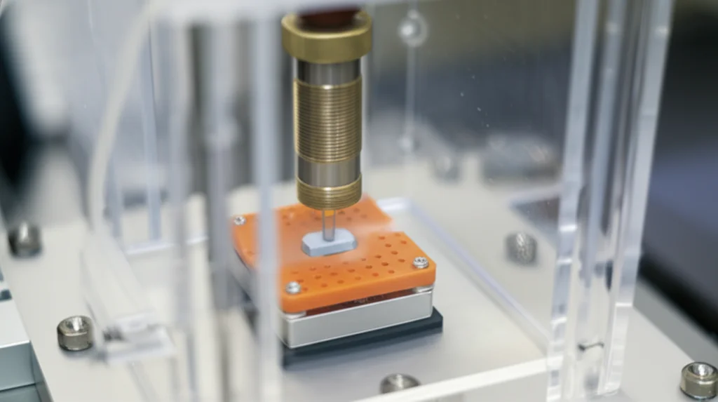 Sensore di pressione 4H-SiC montato su una piattaforma vibrante all'interno di una camera di test trasparente, effetto mosso leggero per indicare la vibrazione, telephoto zoom 150mm, action tracking, illuminazione tecnica.