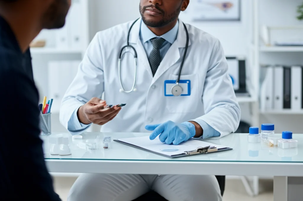 Fotografia di un operatore sanitario che spiega un grafico della carica virale HIV a un paziente in un ambiente clinico luminoso e accogliente, obiettivo prime 35mm, profondità di campo ridotta per mettere a fuoco i soggetti, colori caldi e rassicuranti.