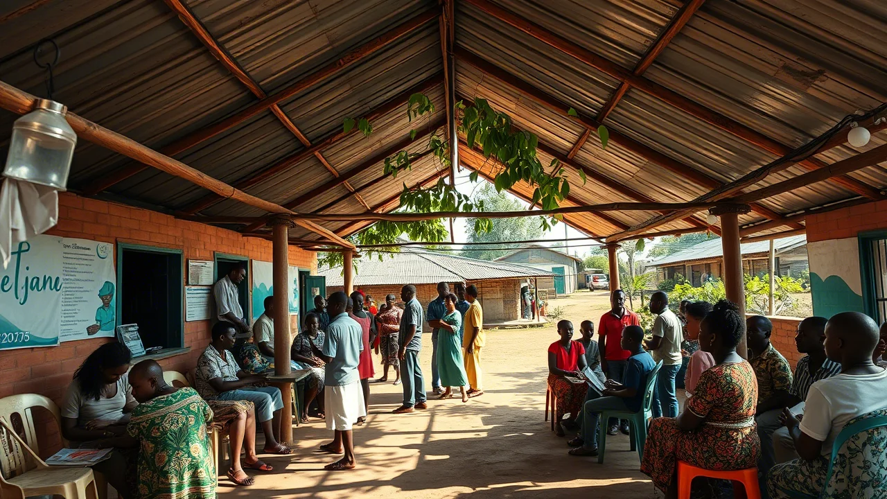 Veduta grandangolare di una clinica rurale affollata ma funzionale in Camerun, persone in attesa sotto una tettoia, personale sanitario che interagisce con i pazienti, luce naturale del giorno, obiettivo grandangolare 20mm, scena realistica e piena di vita.