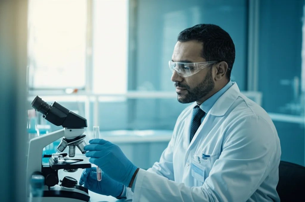 Ritratto di un ricercatore egiziano in camice bianco che analizza campioni di DNA in un laboratorio moderno, obiettivo 35mm, profondità di campo, luce naturale da una finestra laterale, toni duotone seppia e ciano.