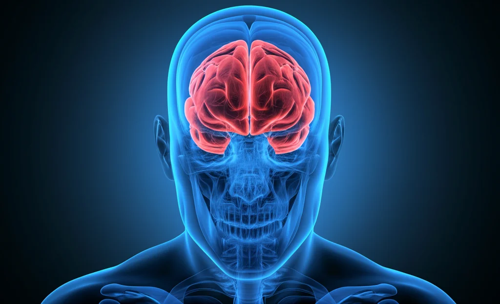 Visualizzazione fotorealistica 3D del cervello umano con focus sulla corteccia orbitofrontale sinistra evidenziata in rosso, stile immagine medica ad alta risoluzione, dettagli anatomici precisi, sfondo scuro.