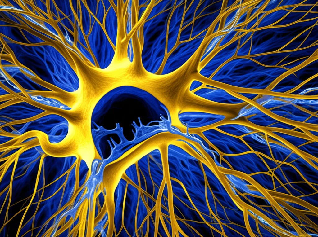 Immagine astratta fotorealistica che rappresenta le fibre nervose e la diffusione dell'acqua (molecole blu) lungo gli spazi perivascolari (canali luminosi) nel cervello, visualizzazione DTI stilizzata, colori contrastanti blu e oro, duotone, profondità di campo.