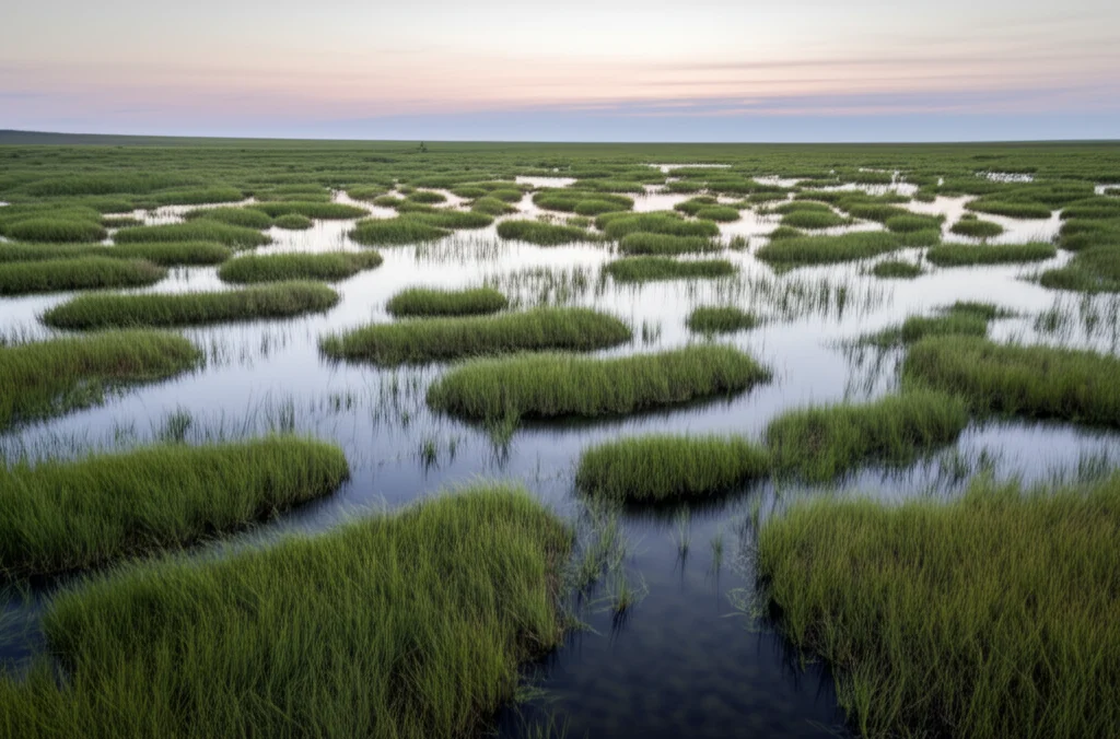 Paesaggio di una zona umida a mosaico nella Mongolia Interna nord-orientale, Cina. Fotografia grandangolare, 15mm, luce naturale del tardo pomeriggio, messa a fuoco nitida, che mostra chiaramente le gobbe (hummocks) più secche e le conche (hollows) più umide con vegetazione tipica di Carex. Long exposure per ammorbidire eventuali piccole increspature dell'acqua nelle conche.