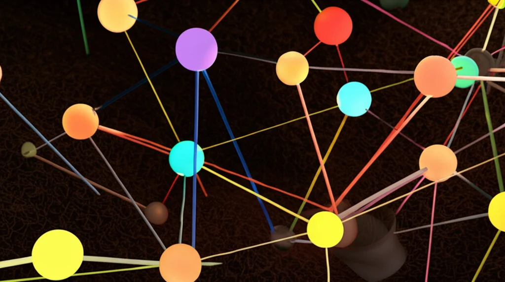 Visualizzazione concettuale di una rete di co-occorrenza microbica nel suolo. Macro fotografia, 90mm, illuminazione controllata e drammatica, alto dettaglio. Sfere luminose interconnesse (che rappresentano batteri e funghi) di diverse dimensioni e colori su uno sfondo scuro e terroso, alcune connessioni (linee) più spesse o luminose di altre per indicare interazioni più forti.