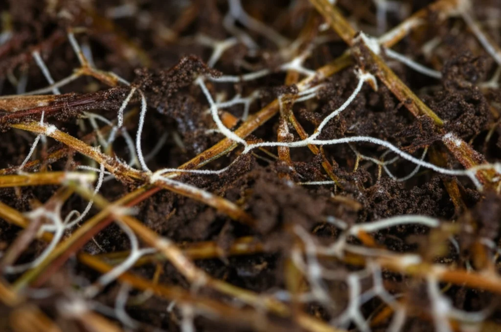 Macro fotografia di materiale vegetale in decomposizione (foglie, steli) nel suolo umido di una zona umida. Obiettivo macro 100mm, messa a fuoco precisa sui dettagli della decomposizione, illuminazione laterale morbida per evidenziare le texture. Si intravedono ife fungine sottili. High detail.