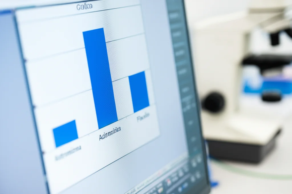 Grafico a barre scientifico visualizzato su un monitor di computer in un laboratorio di ricerca. Il grafico mostra due barre vicine, una leggermente più bassa dell'altra, rappresentanti l'incidenza di infezioni nei gruppi azitromicina e placebo. Focus nitido sul grafico, sfondo sfocato con attrezzature da laboratorio. Lente zoom 70mm.