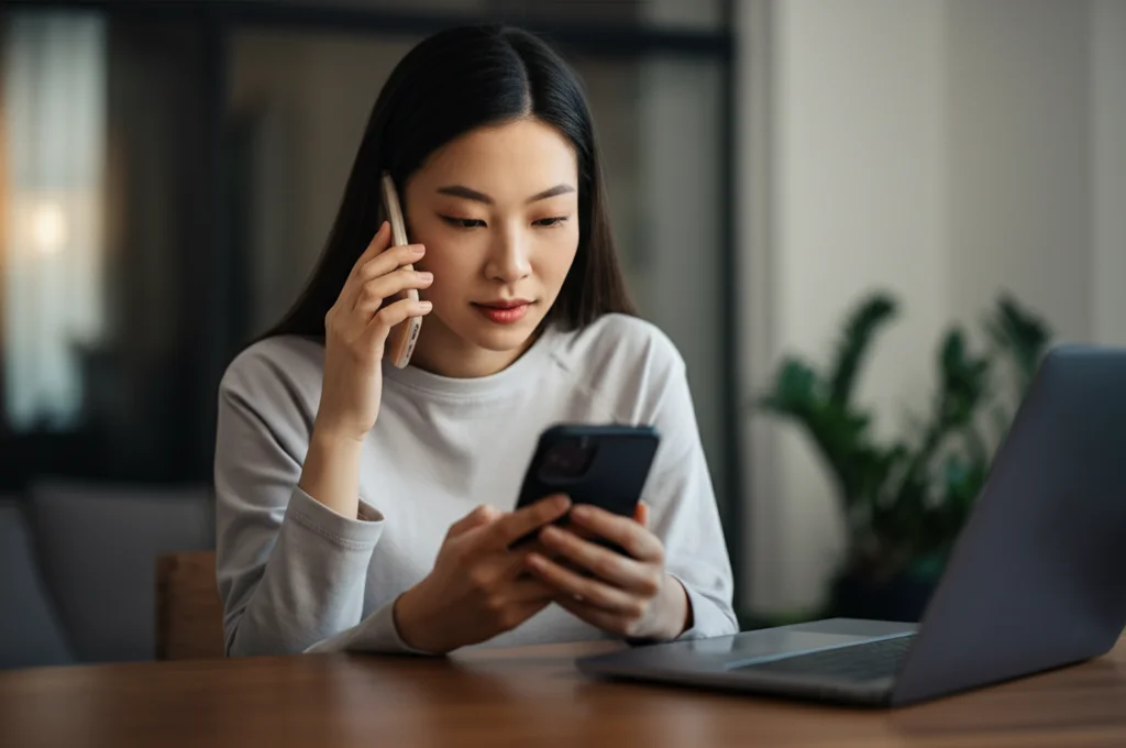 Fotografia realistica di una giovane donna cinese sui 30 anni che utilizza uno smartphone per una consultazione medica online, espressione concentrata. Obiettivo prime 35mm, profondità di campo ridotta per sfocare leggermente lo sfondo di un appartamento moderno, illuminazione naturale morbida dalla finestra.