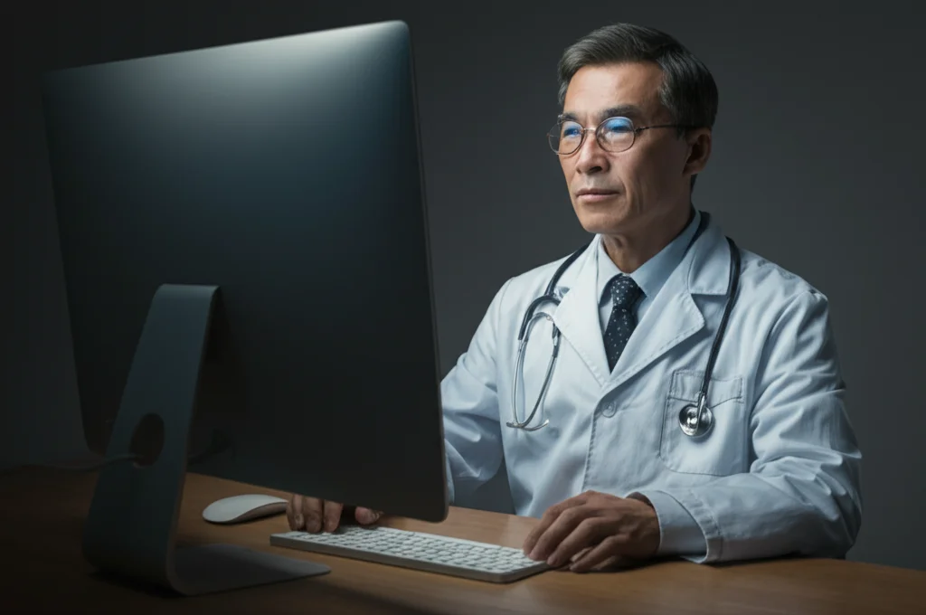Ritratto fotorealistico di un medico cinese anziano (sui 60 anni) con camice bianco, seduto alla scrivania davanti a un computer, espressione stanca ma professionale. Obiettivo 50mm, luce controllata da studio, leggero effetto duotone blu e grigio per accentuare la serietà.