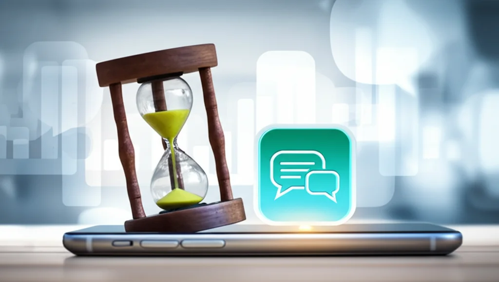 Immagine concettuale fotorealistica: una clessidra digitale su uno schermo di smartphone accanto a un'icona di chat medica, simboleggia il tempo di attesa per una risposta. Obiettivo macro 100mm, messa a fuoco precisa sulla clessidra, sfondo astratto e sfocato con elementi tecnologici.