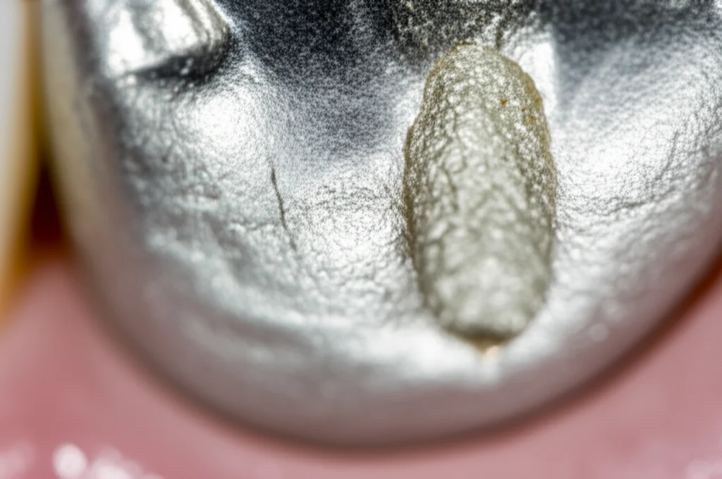 Immagine macro fotorealistica di un impianto dentale in titanio con rivestimento poroso di idrossiapatite, illuminazione controllata, alta definizione, lente macro 90mm.